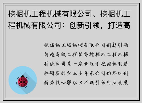 挖掘机工程机械有限公司、挖掘机工程机械有限公司：创新引领，打造高效工程装备