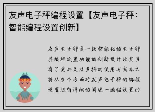 友声电子秤编程设置【友声电子秤：智能编程设置创新】